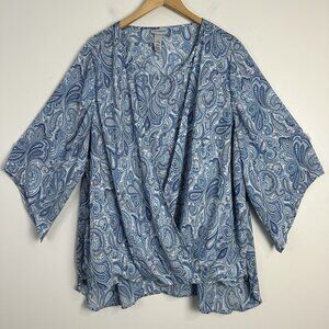 Catherines Womens 2X Shirt/Top Paisley Faux Wrap Blue‎ White 3/4 Sleeve 22/24W